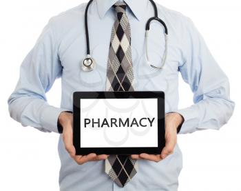 Doctor, isolated on white backgroun,  holding digital tablet - Pharmacy