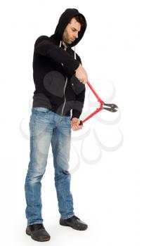 Robber with red bolt cutters, isolated on white