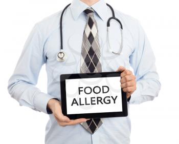 Doctor, isolated on white backgroun,  holding digital tablet - Food allergy