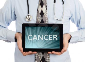 Doctor, isolated on white backgroun,  holding digital tablet - Cancer