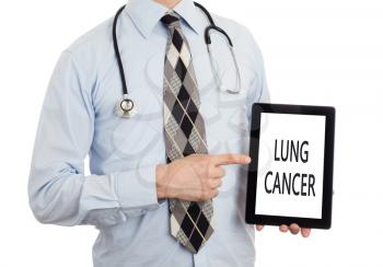 Doctor, isolated on white backgroun,  holding digital tablet - Lung cancer