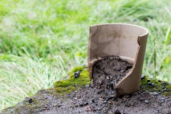 Broken flower pot, stil filled with dirt