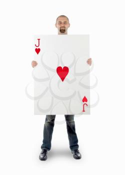 Businessman with large playing card - Jack of hearts
