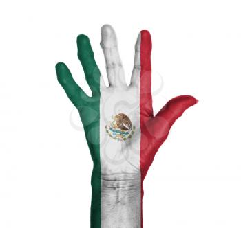 Palm of a woman hand, painted with flag of Mexico