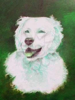 Painting of a white dog on a green background
