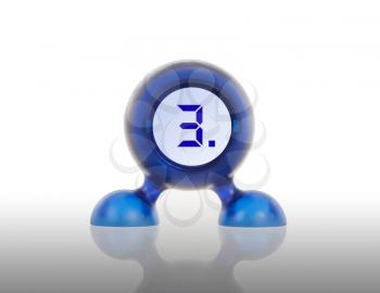 Small blue plastic object with a digital display, displaying 3