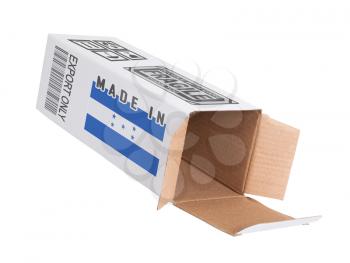 Concept of export, opened paper box - Product of Honduras