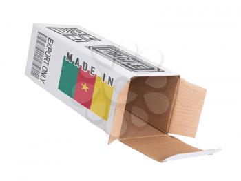 Concept of export, opened paper box - Product of Cameroon