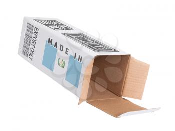 Concept of export, opened paper box - Product of Guatemala