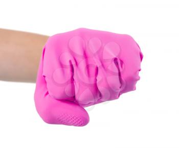 Hand in a rubber glove gesturing fist isolated on white background