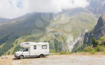 Camper van parked high in the mountains, Switzerland