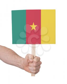 Hand holding small card, isolated on white - Flag of Cameroon