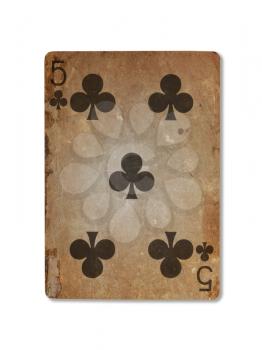 Very old playing card isolated on a white background, five of clubs