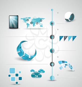 Timeline design template with world map, web buttons and paper tags.