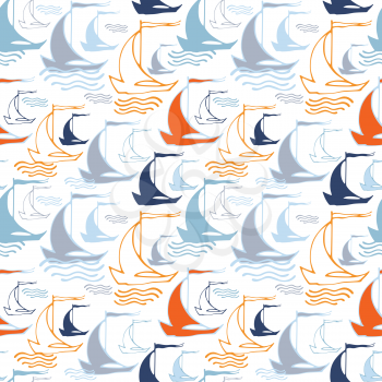 Seamless pattern with decorative sailing ships on waves
