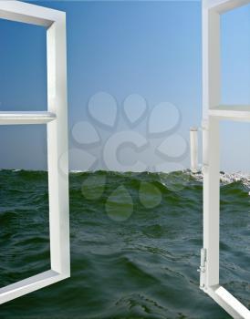 the image of opened window to the waves of high sea