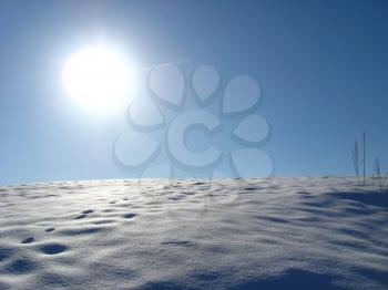 Winter solar landscape with bright snow on the sun