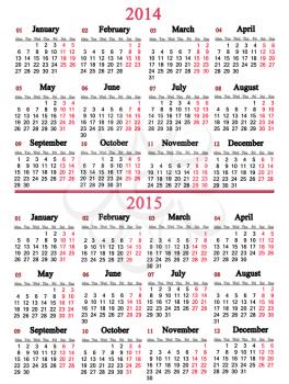 office calendar for 2014 - 2015 years on white background