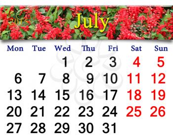 calendar for July of 2015 year with ribbon of red salvia