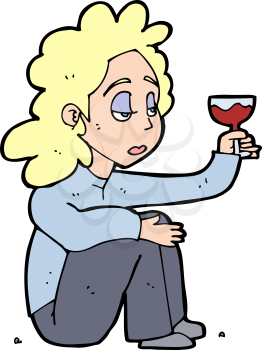 Royalty Free Clipart Image of a Sad Woman Holding a Glass of Wine