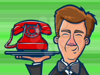 Illustration of a man holding an old red phone on a silver platter