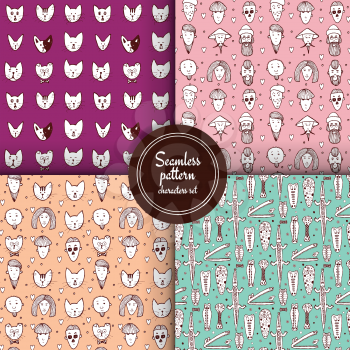 Sketch set of patterns with characters in vintage style, vector