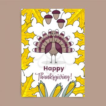 Thanksgiving poster with maple leaves, hazelnuts, corn and turkey