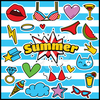 Fashion Summer Patch Badges with Bra, Hearts, Stars, Crown, Ice Cream, Cat, Lips, Ring, Cloud, Watermelon, Sunglasses, Juice. Set of Stickers, Pins, Patches in Cartoon 80s-90s Comic Style.
