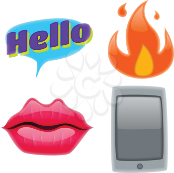 Set of Fantastic Smiley Emoticons, Emoji Design Set. Bright Icons of Lips. Fire, Hello Expression, and Cellphone. Stickes and Patches