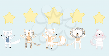 Five Stars Rating Outline Style Concept. Animals with Stars. Customer Review or Feedback Consumer Evaluation, Satisfaction Level and Critic Icons for Service or Product