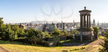 Panoramic aerial view of Edinburgh castle from Calton Hill in a beautiful summer evening, Scotland, United Kingdom