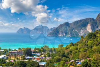 Panoramic aerial view of Phi Phi Don island, Thailand in a summer day