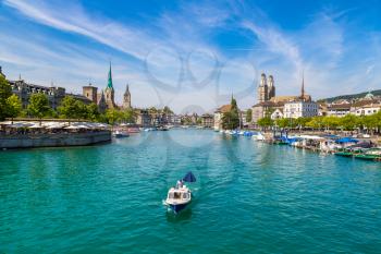 Historical part of Zurich with famous Fraumunster and Grossmunster churches in a beautiful summer day, Switzerland