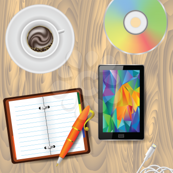 colorful illustration work place with cup of coffee, smart phone on wood background