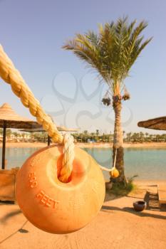 Floats on sun beach background. Buoys dry out between palm trees.