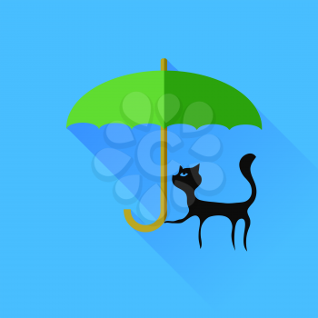  Black Cat and Green Umbrella Isolared on Blue Background.
