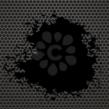 Metallic Grid Perforated Background. Black Splatters. Grey Metal Circle Pattern