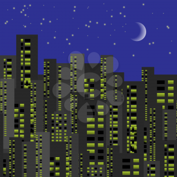 Night City Backround. Urban Buildings with Luminous Windows