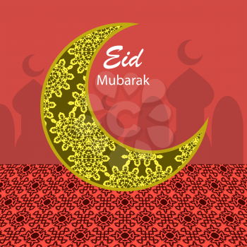 Happy Eid Mubarak Islamic Design. Engraving Yellow Muslim Moon.