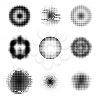 Set of Different Halftone Circles. Set of Dots. Dotted Texture on White Background. Overlay Grunge Template. Distress Linear Design. Fade Monochrome Points. Pop Art Backdrop.