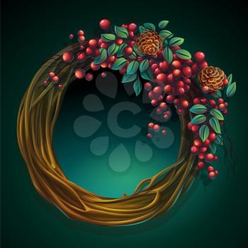 Vector cartoon illustration wreath of vines and leaves on a green background with ash berry and cedar cones
