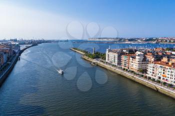 Portugalete and Las Arenas harbour and river Nervion. View from Vizcaya Bridge.  Basque country. Spain
