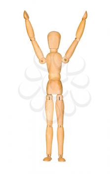 Wooden mannequin with hands up in the air isolated on white