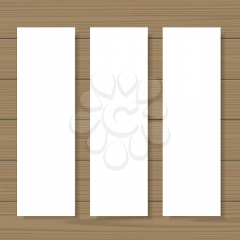 Blank banners mock up set on wooden background. Vertical standing layout. Web, printable presentation, corporate identity template. Vector illustration.
