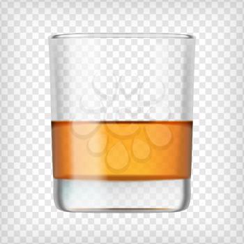 Glass of scotch whiskey. Shot of alcohol. Short glass with beverage. Transparent  photo realistic vector illustration. 