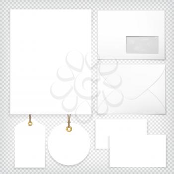 Blank envelope back front, transparent window, A4 paper, business card template, round sale tag mockup. Graphic design element. Corporate identity, shopping sale invitation flyer. Vector illustration