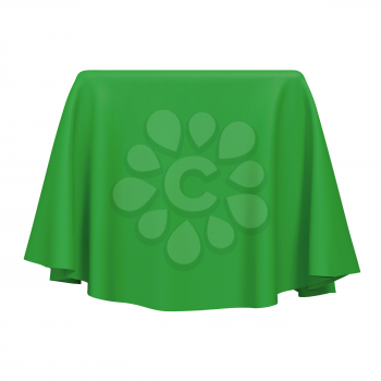 Green fabric covering a cube or rectangular shape, isolated on white background. Can be used as a stand for product display, draped table. Vector illustraion
