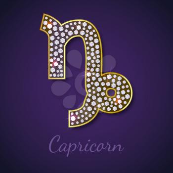 Golden Capricorn zodiac signs with diamonds, editable vector illustration