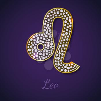 Golden Leo zodiac signs with diamonds, editable vector illustration