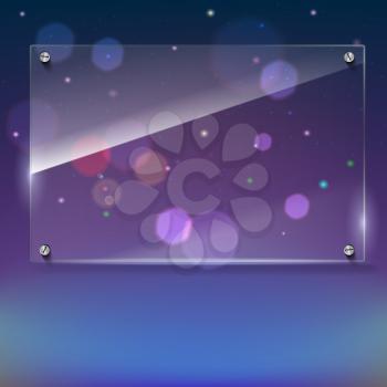 Vector glass frame with steel rivets. Glass framework. Transparent glass frame on the colored background with bokeh effect. Clear glass top festive background with blurred colored lights
